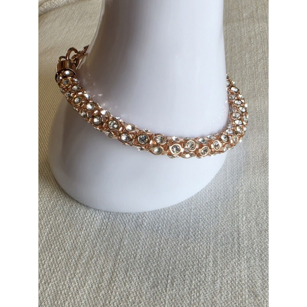 Swarovski Crystal Tennis Bracelet Rose Gold Tone Round Beaded Swan Charm 8"